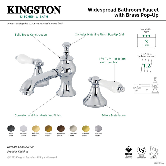 Kingston Tulare KC7060PL - Vintage Two-Handle 3-Hole Deck Mount Widespread Bathroom Faucet with Brass Pop-Up, Matte Black