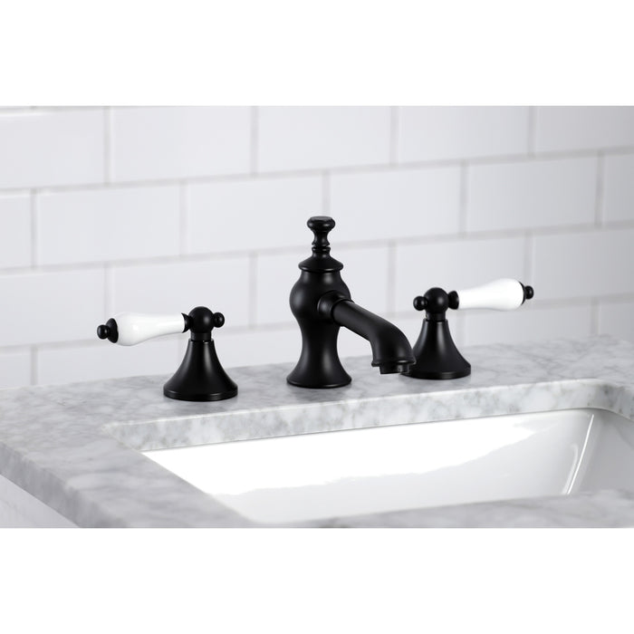 Kingston Tulare KC7060PL - Vintage Two-Handle 3-Hole Deck Mount Widespread Bathroom Faucet with Brass Pop-Up, Matte Black