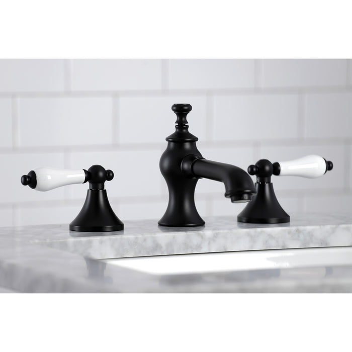 Kingston Tulare KC7060PL - Vintage Two-Handle 3-Hole Deck Mount Widespread Bathroom Faucet with Brass Pop-Up, Matte Black