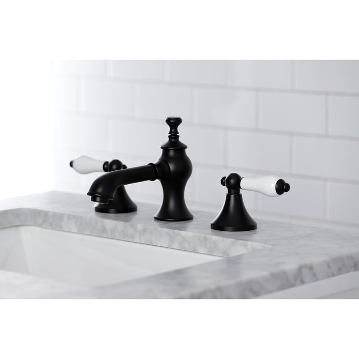 Kingston Tulare KC7060PL - Vintage Two-Handle 3-Hole Deck Mount Widespread Bathroom Faucet with Brass Pop-Up, Matte Black