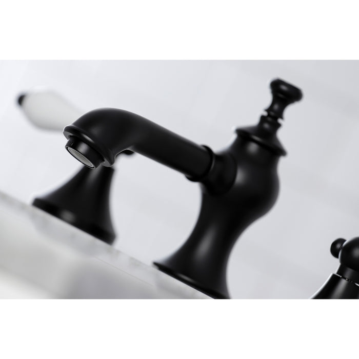 Kingston Tulare KC7060PL - Vintage Two-Handle 3-Hole Deck Mount Widespread Bathroom Faucet with Brass Pop-Up, Matte Black