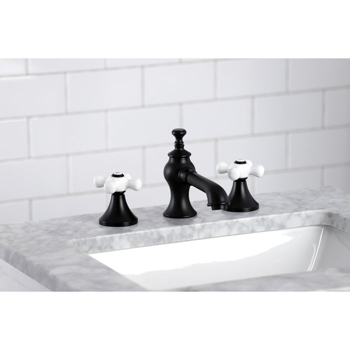Kingston Tulare KC7060PX - Vintage Two-Handle 3-Hole Deck Mount Widespread Bathroom Faucet with Brass Pop-Up, Matte Black