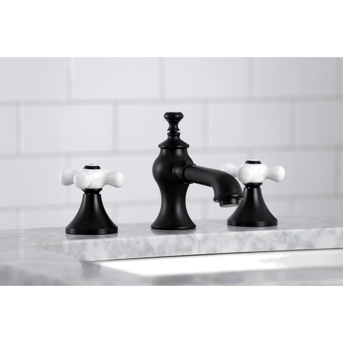 Kingston Tulare KC7060PX - Vintage Two-Handle 3-Hole Deck Mount Widespread Bathroom Faucet with Brass Pop-Up, Matte Black