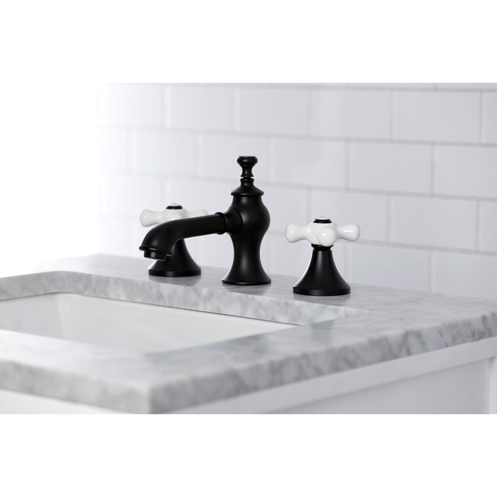Kingston Tulare KC7060PX - Vintage Two-Handle 3-Hole Deck Mount Widespread Bathroom Faucet with Brass Pop-Up, Matte Black