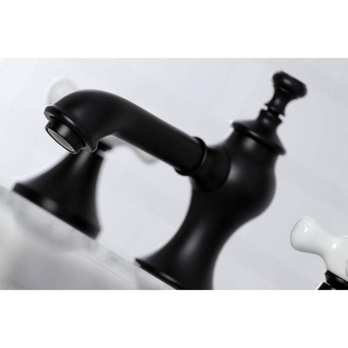 Kingston Tulare KC7060PX - Vintage Two-Handle 3-Hole Deck Mount Widespread Bathroom Faucet with Brass Pop-Up, Matte Black