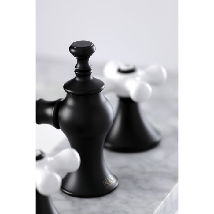 Kingston Tulare KC7060PX - Vintage Two-Handle 3-Hole Deck Mount Widespread Bathroom Faucet with Brass Pop-Up, Matte Black