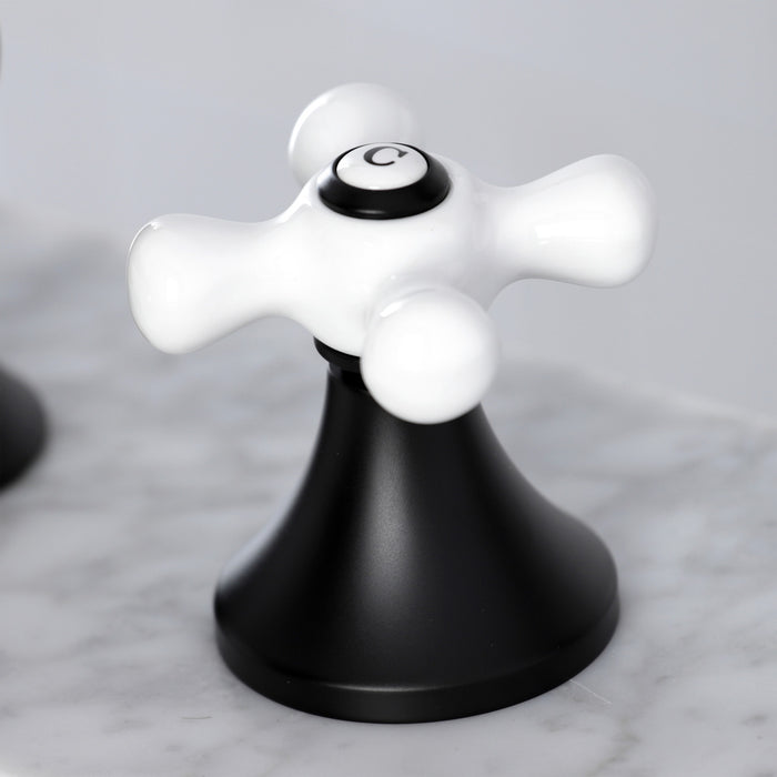 Kingston Tulare KC7060PX - Vintage Two-Handle 3-Hole Deck Mount Widespread Bathroom Faucet with Brass Pop-Up, Matte Black