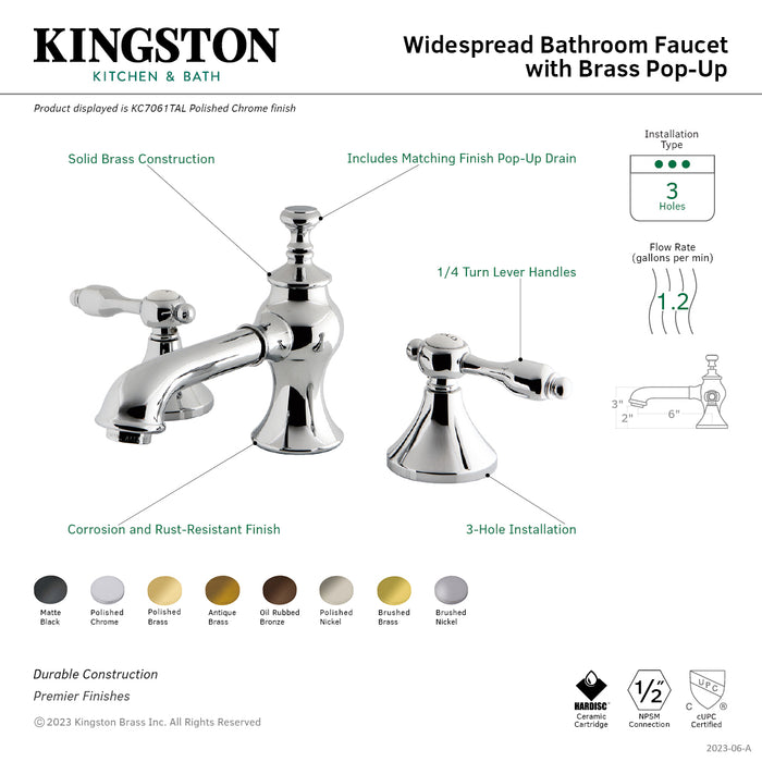 Tudor KC7060TAL Two-Handle 3-Hole Deck Mount Widespread Bathroom Faucet with Brass Pop-Up, Matte Black