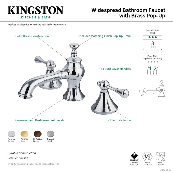 English Country KC7061BL Two-Handle 3-Hole Deck Mount Widespread Bathroom Faucet with Brass Pop-Up, Polished Chrome