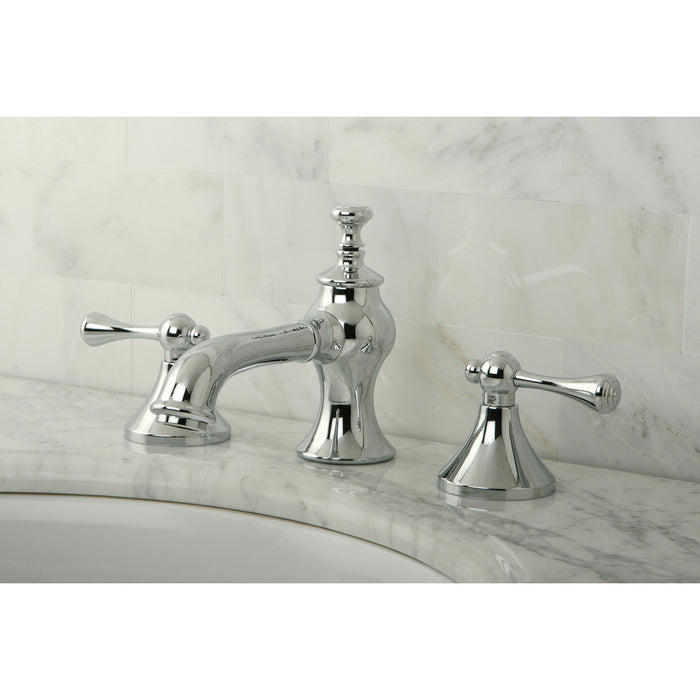 English Country KC7061BL Two-Handle 3-Hole Deck Mount Widespread Bathroom Faucet with Brass Pop-Up, Polished Chrome
