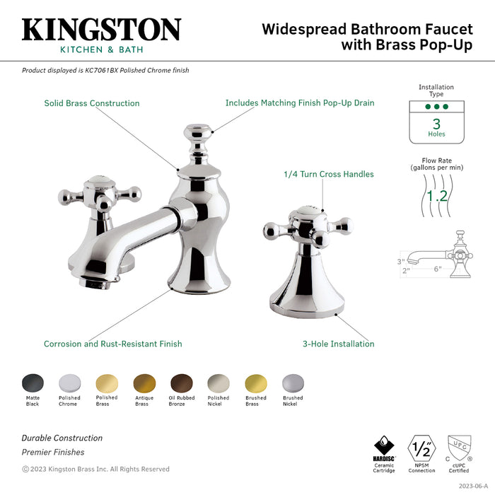 Kingston Tulare KC7061BX - English Country Two-Handle 3-Hole Deck Mount Widespread Bathroom Faucet with Brass Pop-Up, Polished Chrome