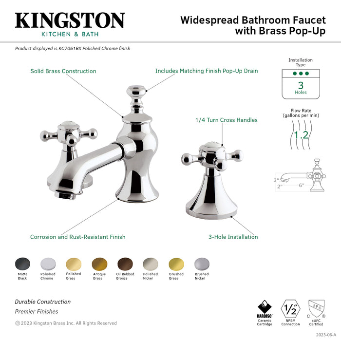 English Country KC7061BX Two-Handle 3-Hole Deck Mount Widespread Bathroom Faucet with Brass Pop-Up, Polished Chrome