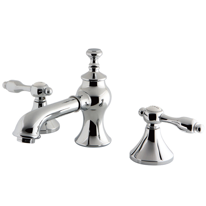 Kingston Tulare KC7061TAL - Tudor Two-Handle 3-Hole Deck Mount Widespread Bathroom Faucet with Brass Pop-Up, Polished Chrome