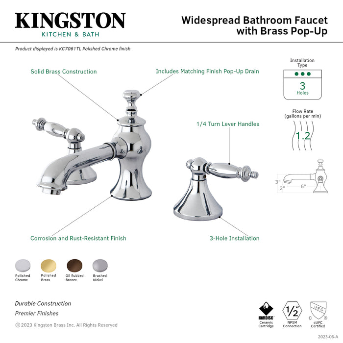 Templeton KC7061TL Two-Handle 3-Hole Deck Mount Widespread Bathroom Faucet with Brass Pop-Up, Polished Chrome