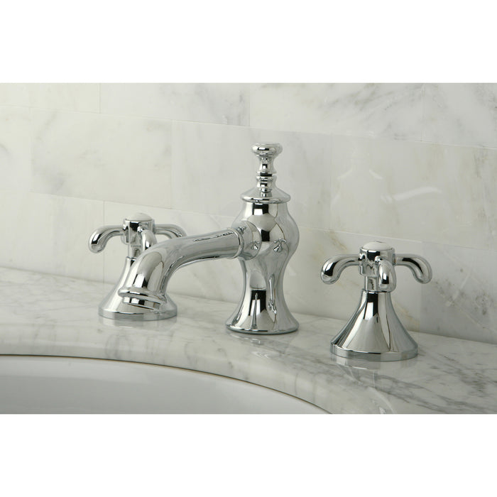 Kingston Tulare KC7061TX - French Country Two-Handle 3-Hole Deck Mount Widespread Bathroom Faucet with Brass Pop-Up, Polished Chrome