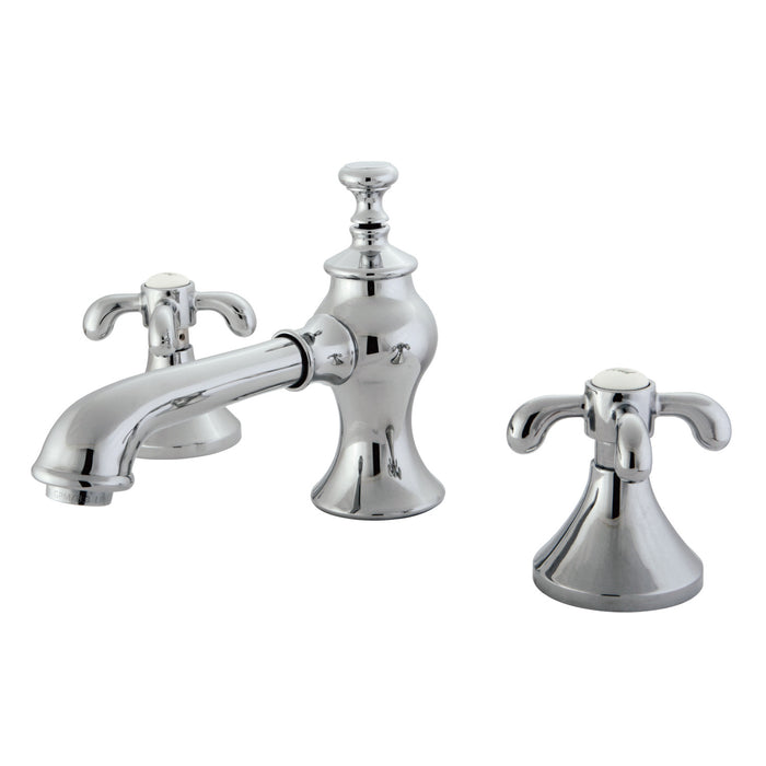 Kingston Tulare KC7061TX - French Country Two-Handle 3-Hole Deck Mount Widespread Bathroom Faucet with Brass Pop-Up, Polished Chrome