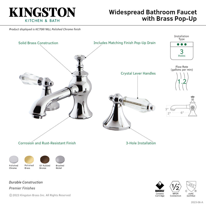 Kingston Tulare KC7061WLL - Wilshire Two-Handle 3-Hole Deck Mount Widespread Bathroom Faucet with Brass Pop-Up, Polished Chrome