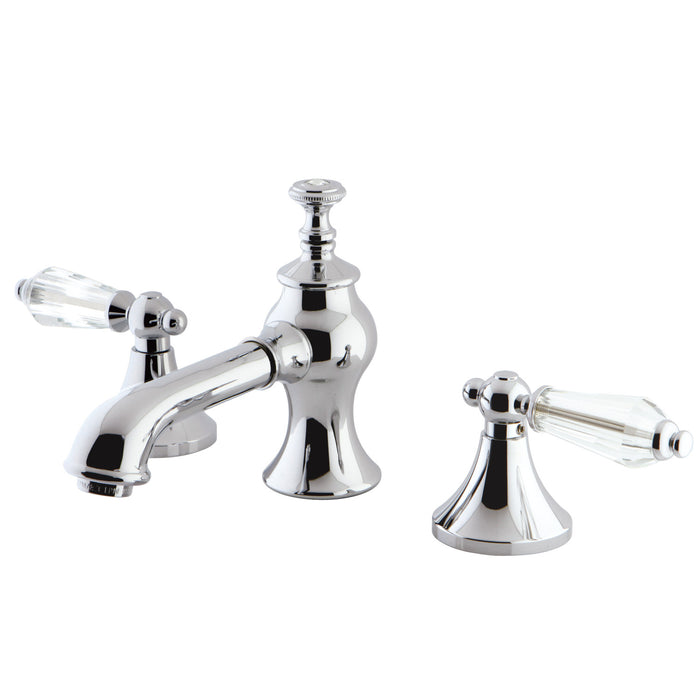 Kingston Tulare KC7061WLL - Wilshire Two-Handle 3-Hole Deck Mount Widespread Bathroom Faucet with Brass Pop-Up, Polished Chrome