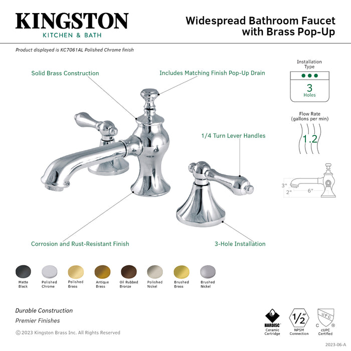 Vintage KC7062AL Two-Handle 3-Hole Deck Mount Widespread Bathroom Faucet with Brass Pop-Up, Polished Brass