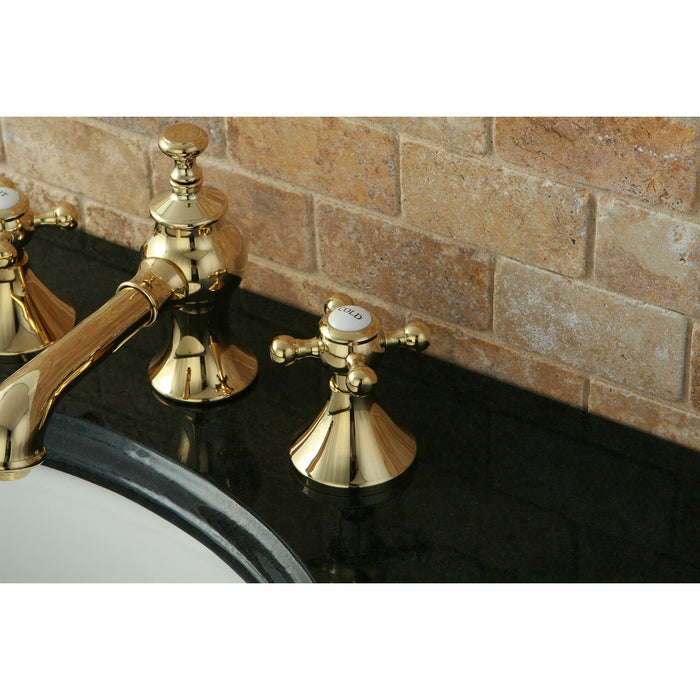 English Country KC7062BX Two-Handle 3-Hole Deck Mount Widespread Bathroom Faucet with Brass Pop-Up, Polished Brass