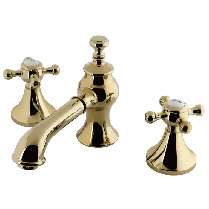 English Country KC7062BX Two-Handle 3-Hole Deck Mount Widespread Bathroom Faucet with Brass Pop-Up, Polished Brass