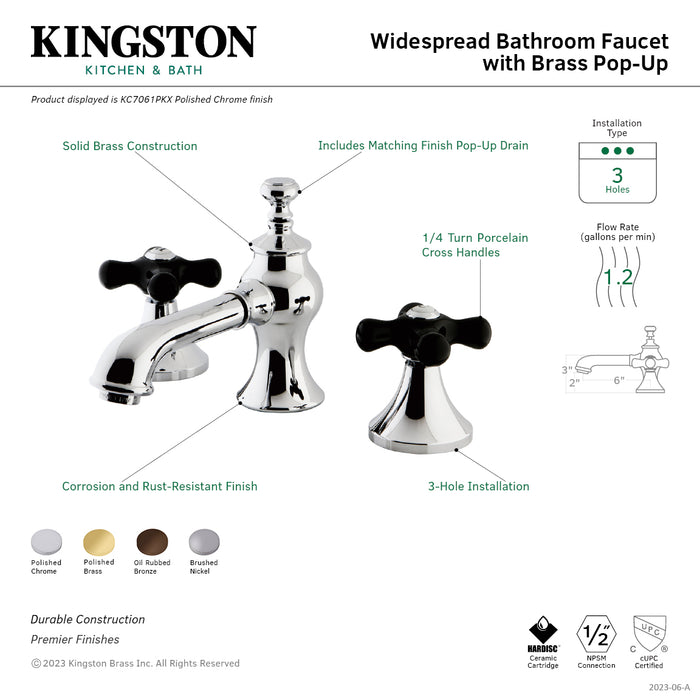 Kingston Tulare KC7062PKX - Duchess Two-Handle 3-Hole Deck Mount Widespread Bathroom Faucet with Brass Pop-Up, Polished Brass