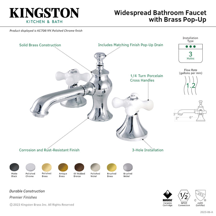Kingston Tulare KC7062PX - Vintage Two-Handle 3-Hole Deck Mount Widespread Bathroom Faucet with Brass Pop-Up, Polished Brass