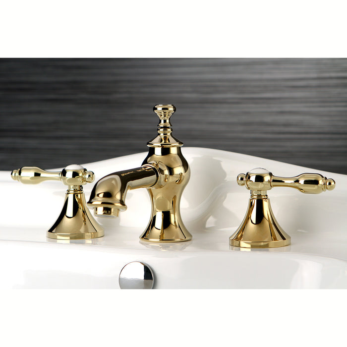 Tudor KC7062TAL Two-Handle 3-Hole Deck Mount Widespread Bathroom Faucet with Brass Pop-Up, Polished Brass