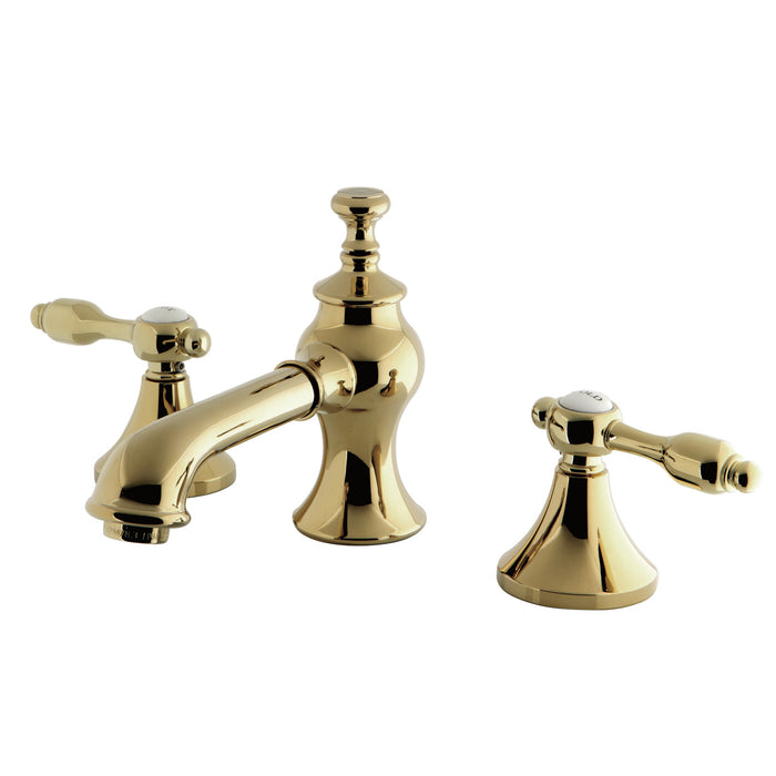 Kingston Tulare KC7062TAL - Tudor Two-Handle 3-Hole Deck Mount Widespread Bathroom Faucet with Brass Pop-Up, Polished Brass