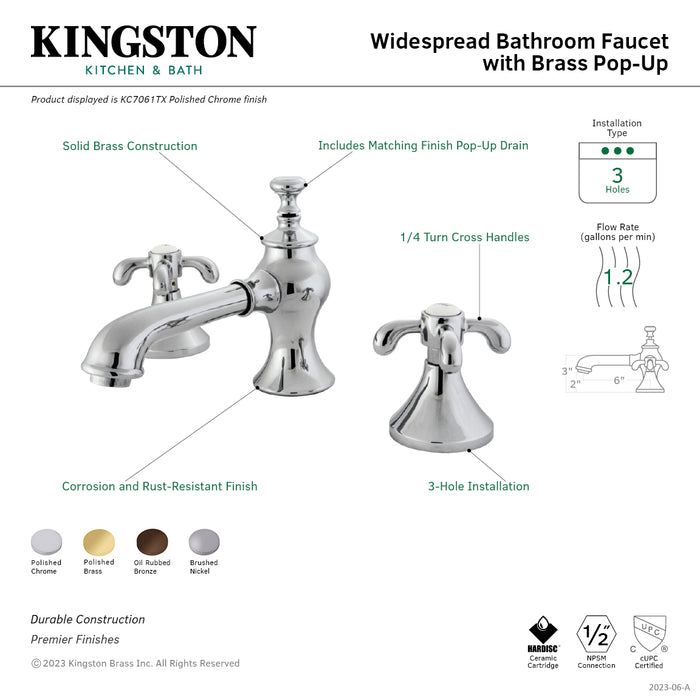 Kingston Tulare KC7062TX - French Country Two-Handle 3-Hole Deck Mount Widespread Bathroom Faucet with Brass Pop-Up, Polished Brass