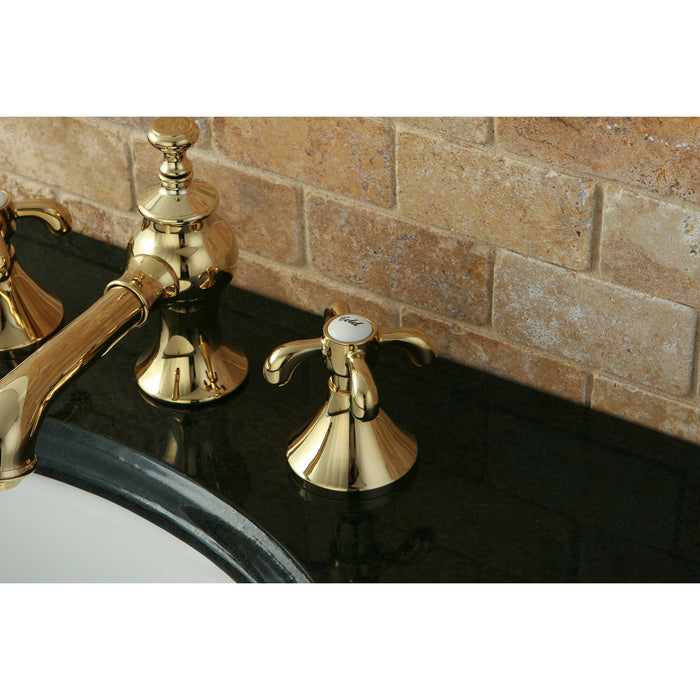 Kingston Tulare KC7062TX - French Country Two-Handle 3-Hole Deck Mount Widespread Bathroom Faucet with Brass Pop-Up, Polished Brass