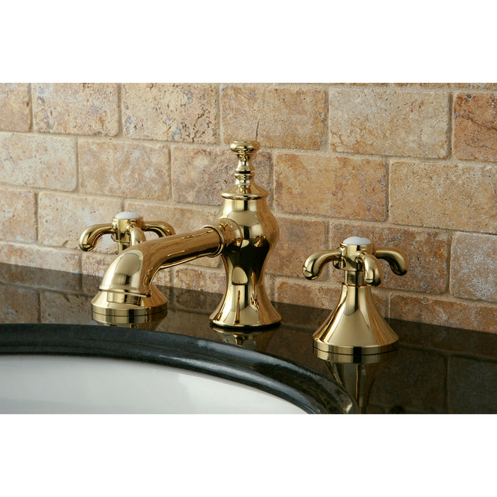 Kingston Tulare KC7062TX - French Country Two-Handle 3-Hole Deck Mount Widespread Bathroom Faucet with Brass Pop-Up, Polished Brass