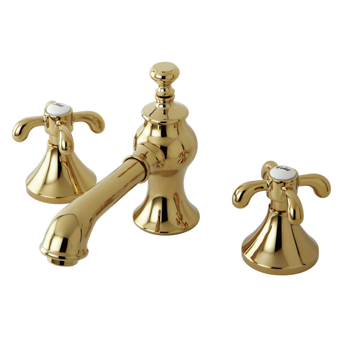 French Country KC7062TX Two-Handle 3-Hole Deck Mount Widespread Bathroom Faucet with Brass Pop-Up, Polished Brass