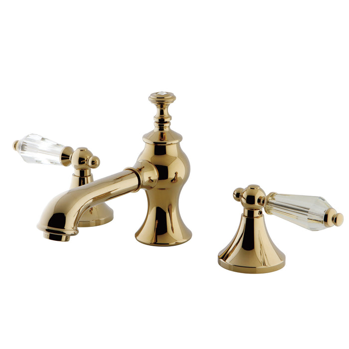 Kingston Tulare KC7062WLL - Wilshire Two-Handle 3-Hole Deck Mount Widespread Bathroom Faucet with Brass Pop-Up, Polished Brass