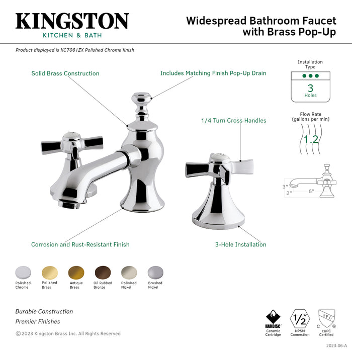 Kingston Tulare KC7062ZX - Millennium Two-Handle 3-Hole Deck Mount Widespread Bathroom Faucet with Brass Pop-Up, Polished Brass