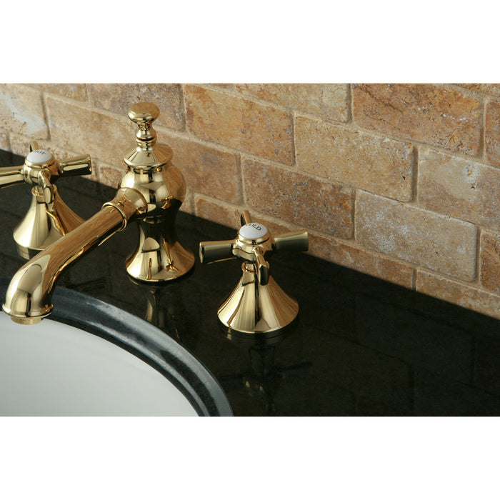 Kingston Tulare KC7062ZX - Millennium Two-Handle 3-Hole Deck Mount Widespread Bathroom Faucet with Brass Pop-Up, Polished Brass