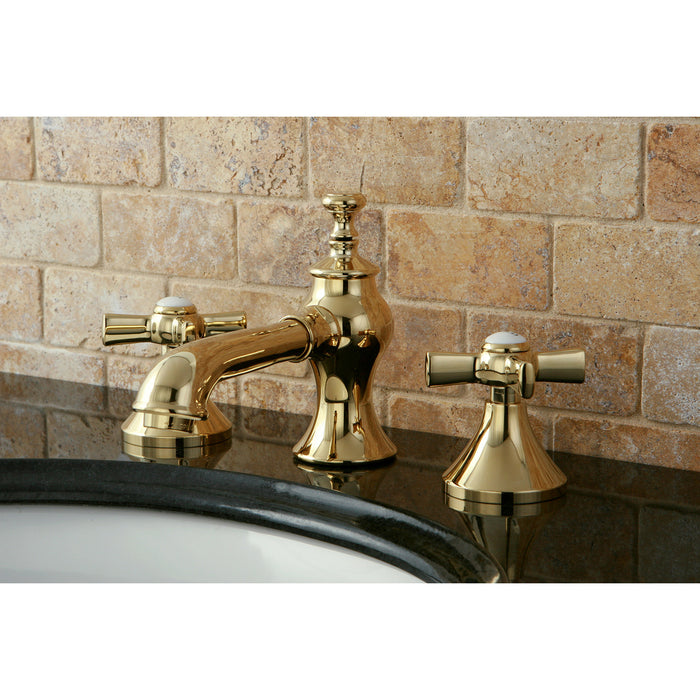 Kingston Tulare KC7062ZX - Millennium Two-Handle 3-Hole Deck Mount Widespread Bathroom Faucet with Brass Pop-Up, Polished Brass