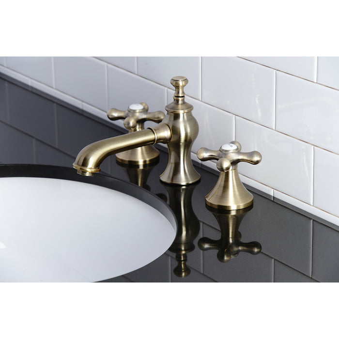 Kingston Tulare KC7063AX - Vintage Two-Handle 3-Hole Deck Mount Widespread Bathroom Faucet with Brass Pop-Up, Antique Brass