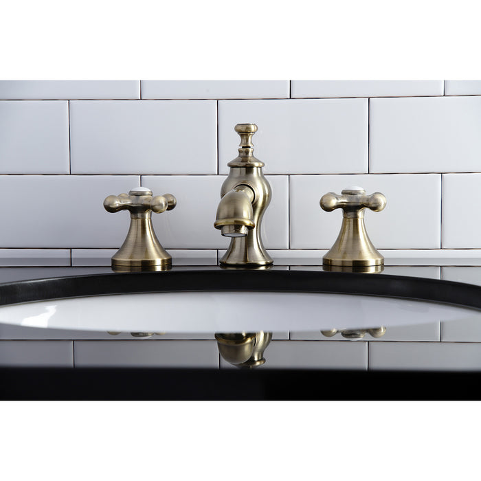 Kingston Tulare KC7063AX - Vintage Two-Handle 3-Hole Deck Mount Widespread Bathroom Faucet with Brass Pop-Up, Antique Brass