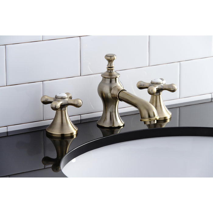 Kingston Tulare KC7063AX - Vintage Two-Handle 3-Hole Deck Mount Widespread Bathroom Faucet with Brass Pop-Up, Antique Brass