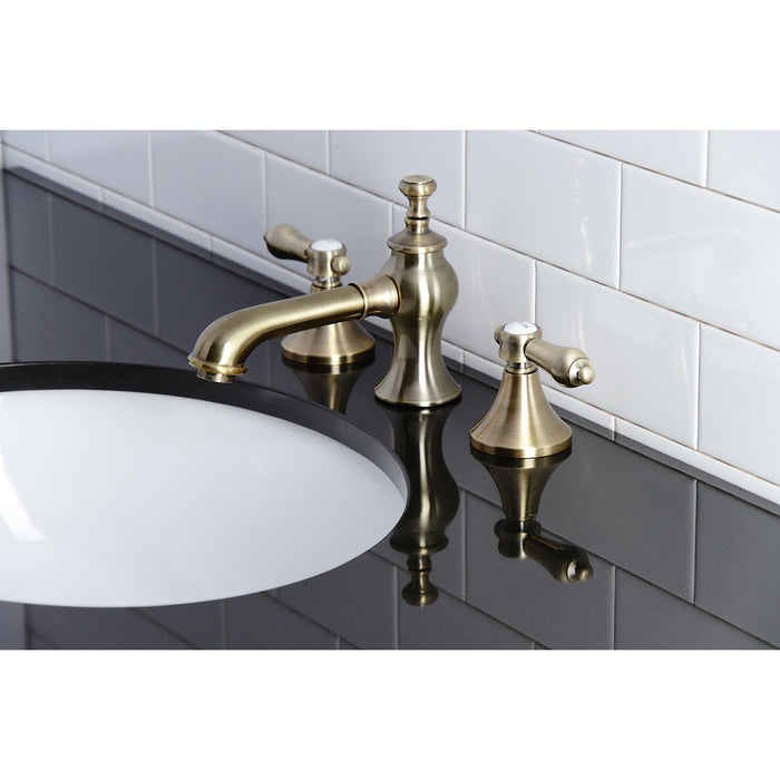 Heirloom KC7063BAL Two-Handle 3-Hole Deck Mount Widespread Bathroom Faucet with Brass Pop-Up, Antique Brass