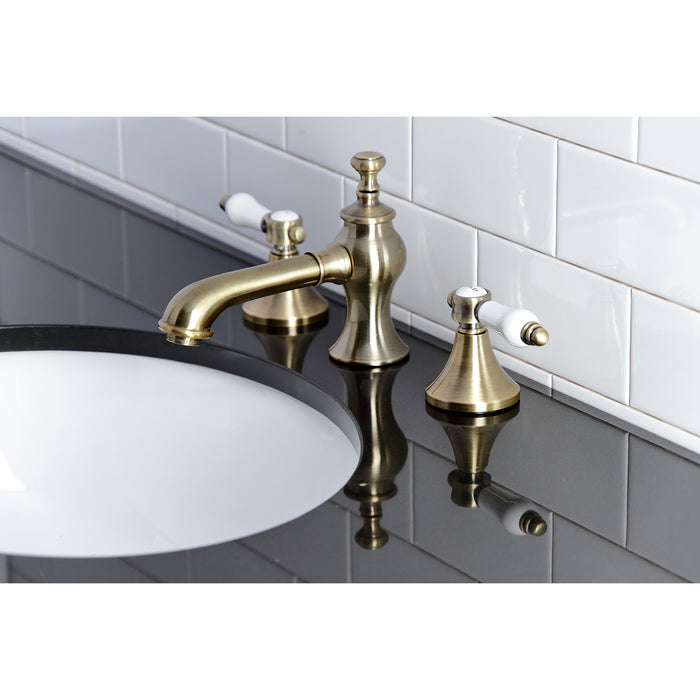 Kingston Tulare KC7063BPL - Bel-Air Two-Handle 3-Hole Deck Mount Widespread Bathroom Faucet with Brass Pop-Up, Antique Brass