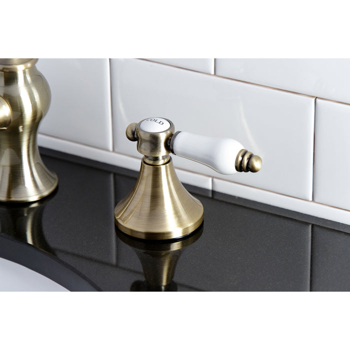 Kingston Tulare KC7063BPL - Bel-Air Two-Handle 3-Hole Deck Mount Widespread Bathroom Faucet with Brass Pop-Up, Antique Brass