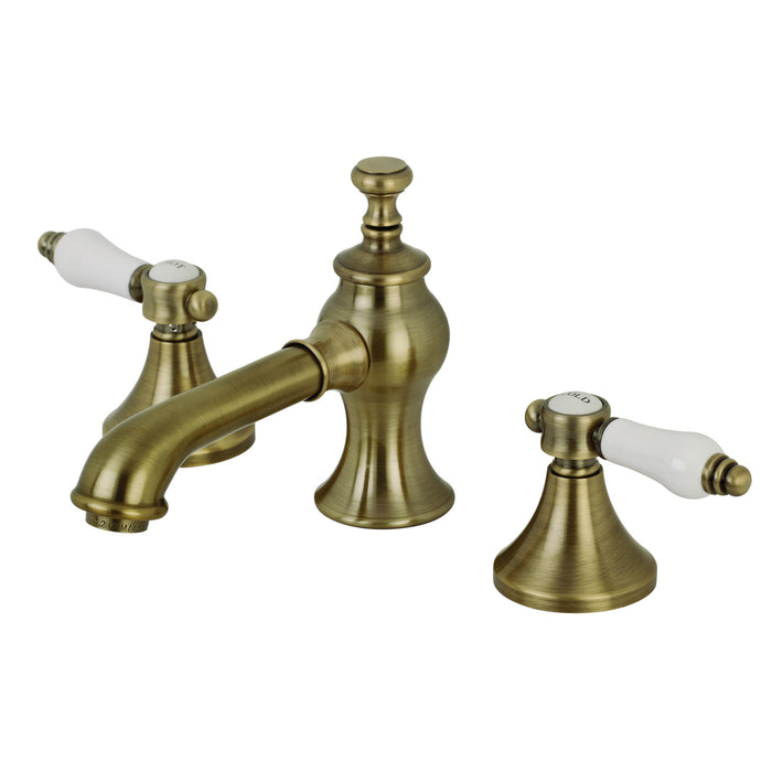 Kingston Tulare KC7063BPL - Bel-Air Two-Handle 3-Hole Deck Mount Widespread Bathroom Faucet with Brass Pop-Up, Antique Brass