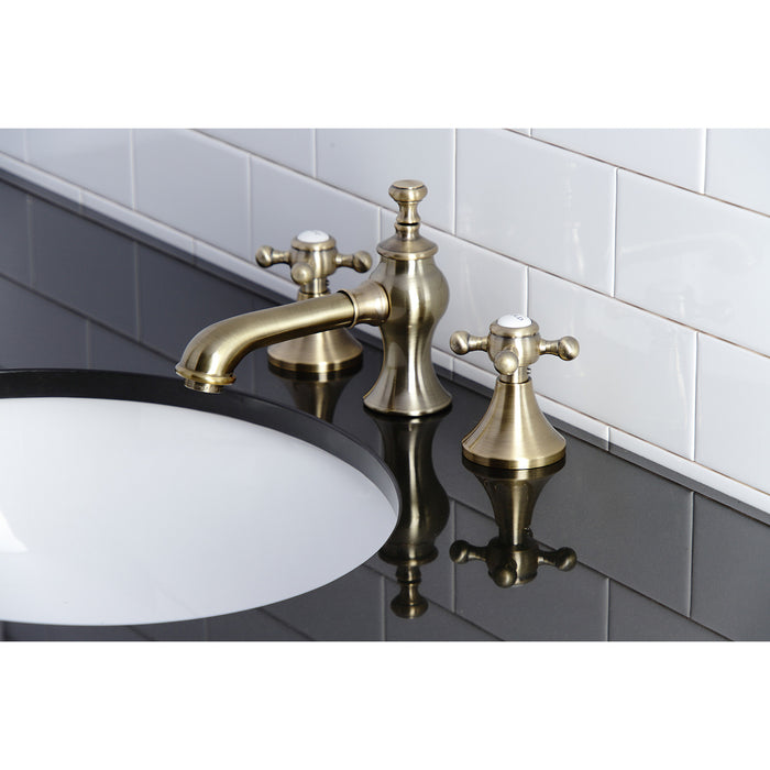 Kingston Tulare KC7063BX - English Country Two-Handle 3-Hole Deck Mount Widespread Bathroom Faucet with Brass Pop-Up, Antique Brass