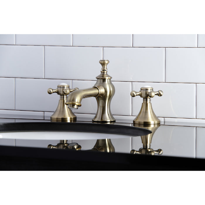 English Country KC7063BX Two-Handle 3-Hole Deck Mount Widespread Bathroom Faucet with Brass Pop-Up, Antique Brass