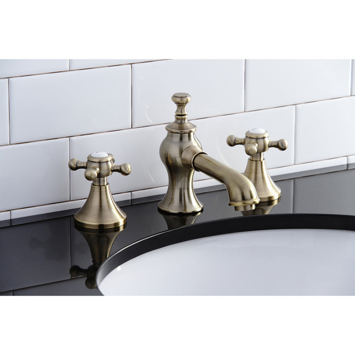 English Country KC7063BX Two-Handle 3-Hole Deck Mount Widespread Bathroom Faucet with Brass Pop-Up, Antique Brass
