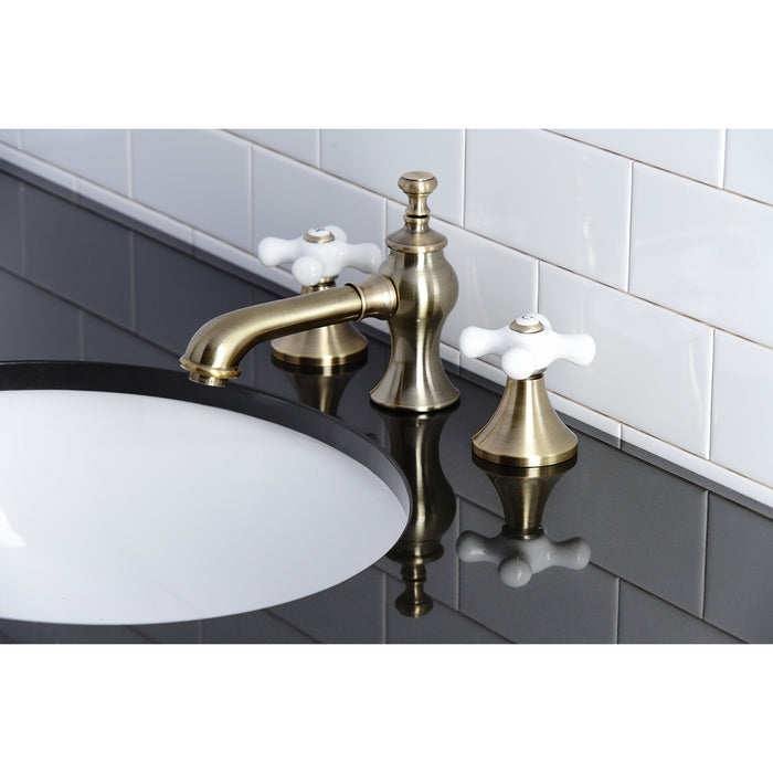 Kingston Tulare KC7063PX - Vintage Two-Handle 3-Hole Deck Mount Widespread Bathroom Faucet with Brass Pop-Up, Antique Brass
