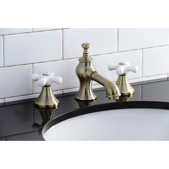 Vintage KC7063PX Two-Handle 3-Hole Deck Mount Widespread Bathroom Faucet with Brass Pop-Up, Antique Brass