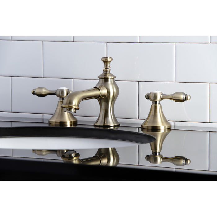 Tudor KC7063TAL Two-Handle 3-Hole Deck Mount Widespread Bathroom Faucet with Brass Pop-Up, Antique Brass